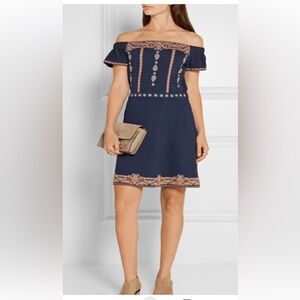 Tory Burch Off-Shoulder Navy Dress with Embroidery